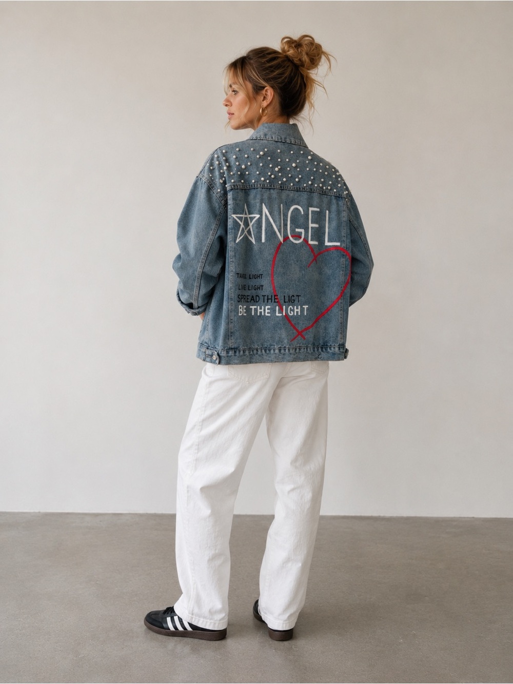 Hand Painted Angel Denim Jacket Pearl Studded Custom Artist Jacket Size M - Picture 3 of 12